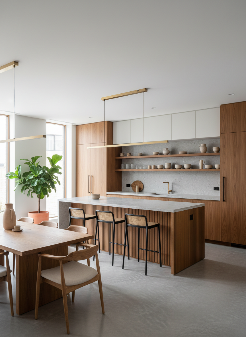An open-plan kitchen and dining area that highlights environmentally conscious interior architecture, with matte white cabinetry paired with warm walnut fronts, a seamless recycled-stone countertop in soft grey, and integrated open shelving displaying simple, functional pottery. A central island with fluted wood detailing is surrounded by minimalist bar stools made of powder-coated steel and natural cane. Overhead, slim linear pendant lights in brushed brass emit a warm, even glow that complements the soft daylight from a nearby window. The polished concrete floor subtly reflects the light, adding depth. Photographed from a corner at eye level, the wide-angle composition captures the flow between zones while keeping lines perfectly straight. The mood is modern, inviting, and quietly sophisticated, emphasizing photographic realism and sustainable elegance.